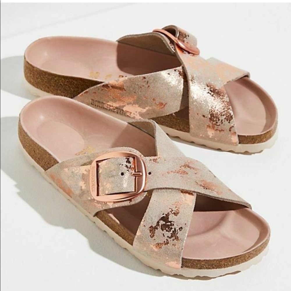 Birkenstock Sienna Metallic Rose Gold Big Buckle Sandals
